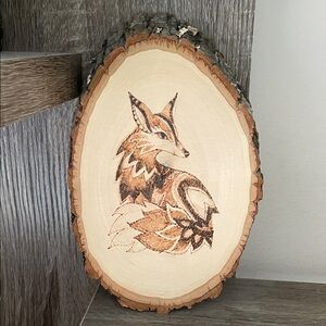 Small woodburned pyrography fox original artwork on wood slab